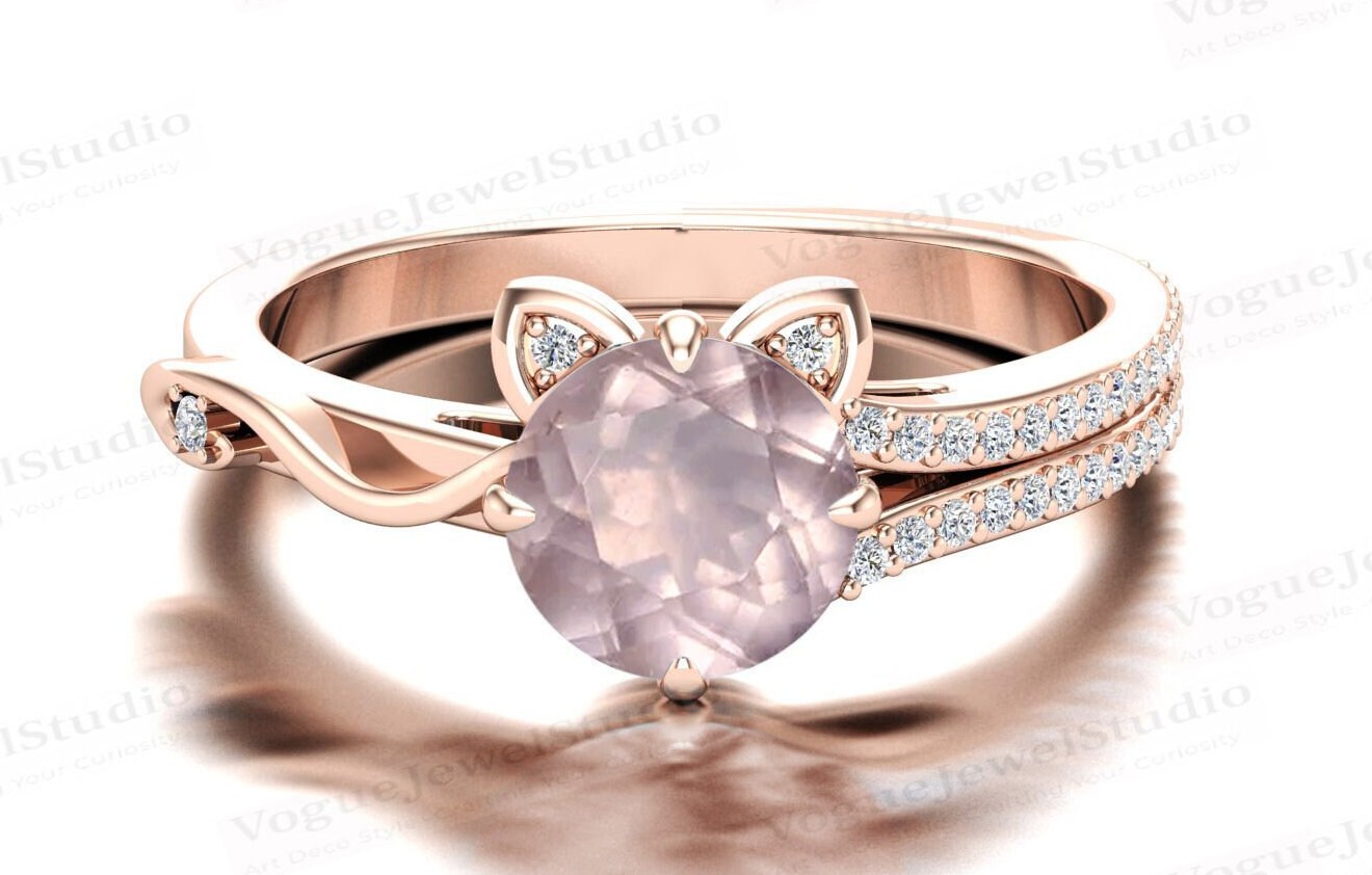 Art Deco Rosenquarz Verlobungsring 14K Gold Ehering Für Frauen Jahrestag Geschenk Antik Braut Versprechen Ring von VogueJewelStudio