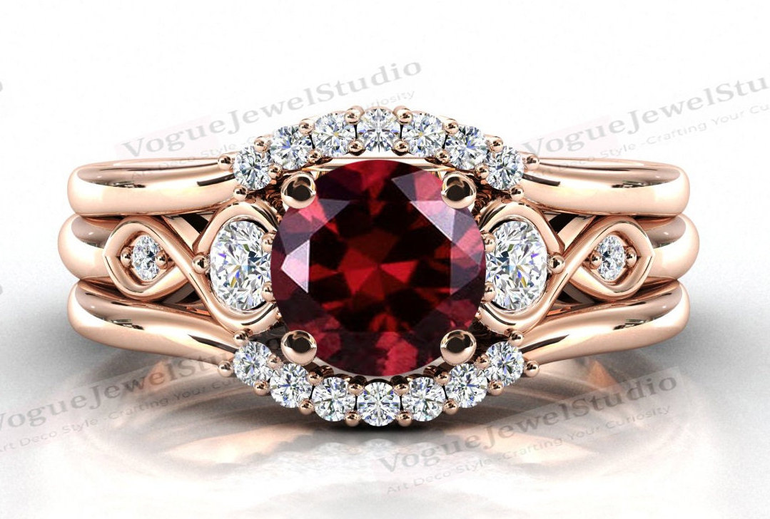 Art Deco Roter Granat Verlobungsring Set Roségold Ehering Antiker Brautring Unikat Jahrestag Geschenk Für Frauen von VogueJewelStudio