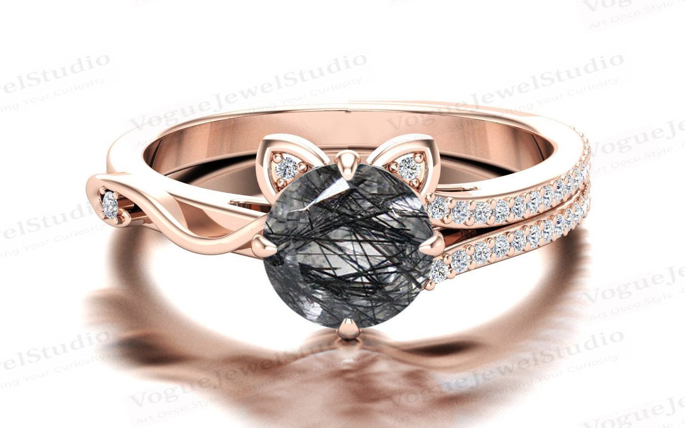 Art Deco Schwarz Rutil Verlobungsring Roségold Ehering Für Frauen Antiker Vintage Schwarzquarz Brautring von VogueJewelStudio