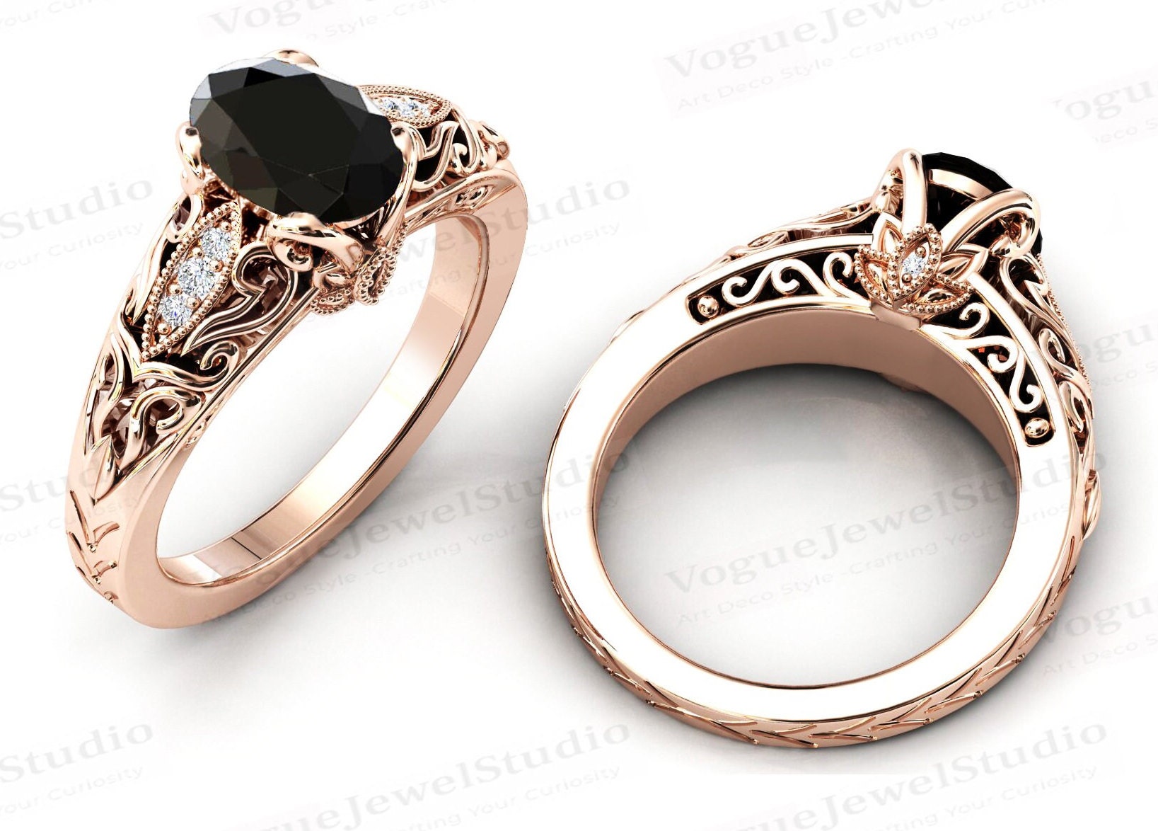 Art Deco Schwarzer Onyx Verlobungsring Antik Filigraner Ehering Für Frauen Jahrestag Geschenk 14K Gold Schwarzer Brautring von VogueJewelStudio