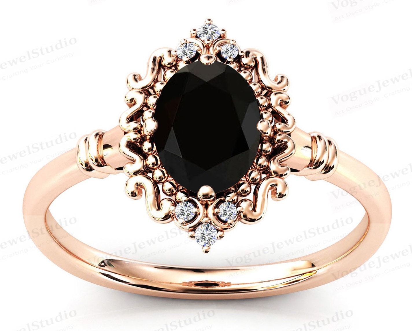 Art Deco Schwarzer Onyx Verlobungsring Vintage Ehering Filigraner Rosegold Schwarz Antik von VogueJewelStudio