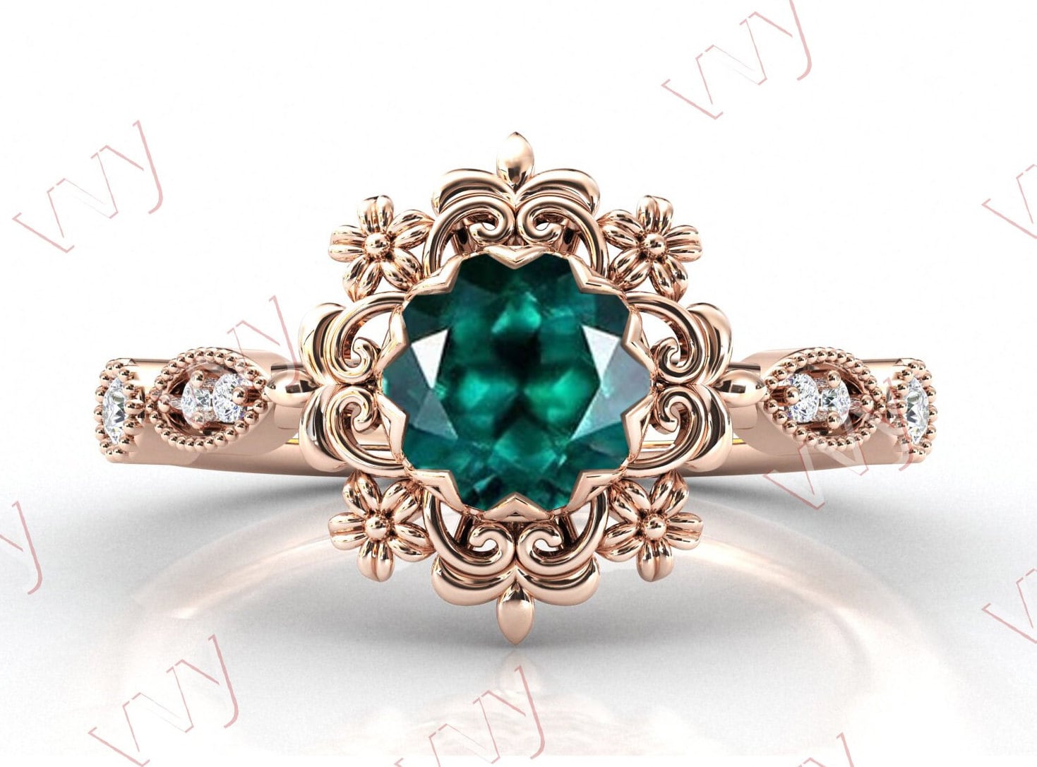 Art Deco Smaragd Verlobungsring Antik Floral Ehering Filigran Stil Ring Rosegold Hochzeit Jahrestag Für Sie von VogueJewelStudio