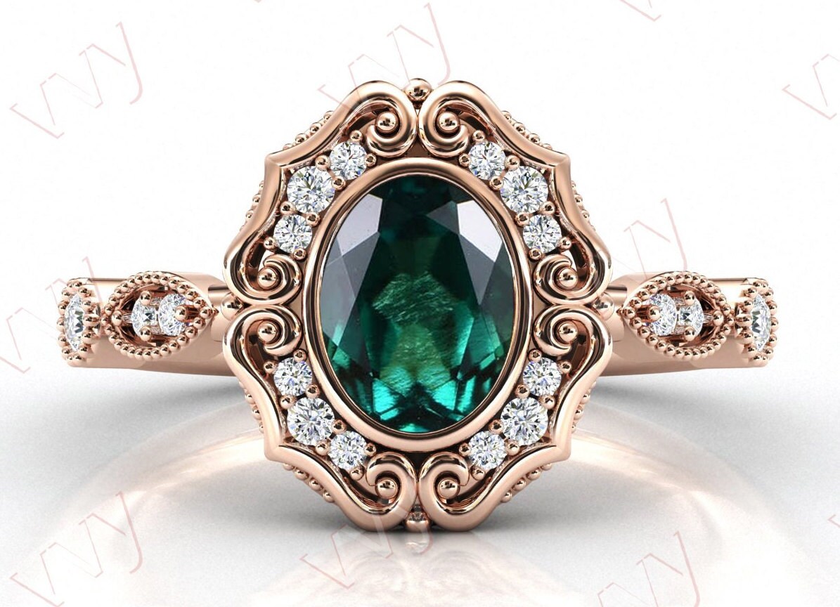 Art Deco Smaragd Verlobungsring Für Frauen Oval Cut Filigran Ehering Antik Vintage Braut Jahrestag Versprechen Ring von VogueJewelStudio
