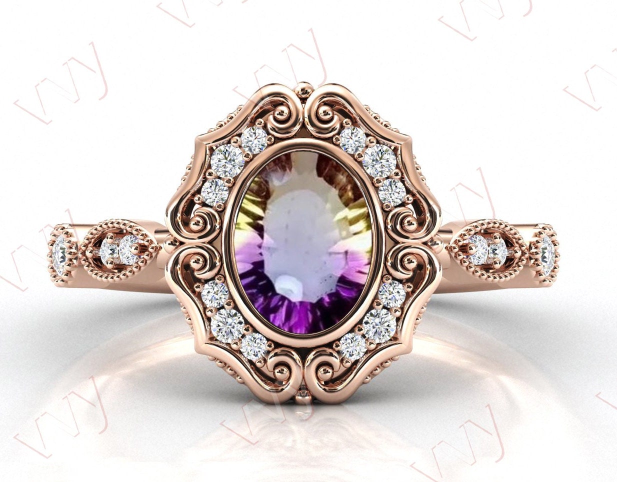 Bio Farbe Ametrin Verlobungsring Art Deco Filigraner Ehering Für Frauen Rosegold Brautring Antik Jahrestag Ring von VogueJewelStudio