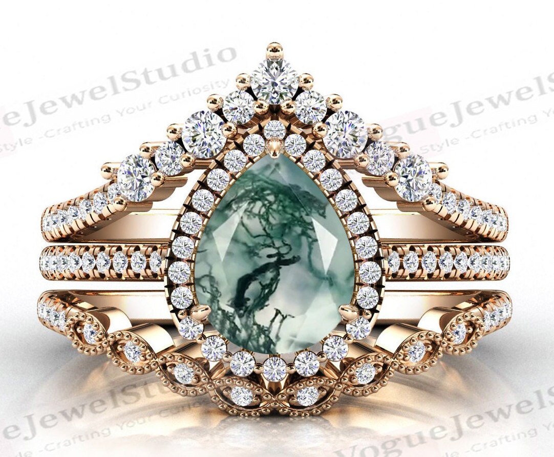 Birnenform Moose Achat Verlobungsring Set Art Deco Heiligenschein Ehering 14K Gold Moos Braut Ring Für Sie von VogueJewelStudio