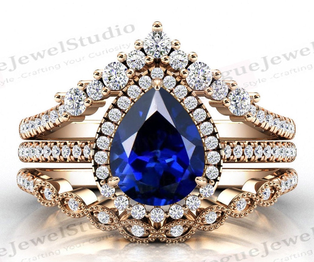 Birnenschliff Blauer Saphir Verlobungsring Set Rosegold Blau Art Deco Ehering Vintage Brautring Für Frauen von VogueJewelStudio