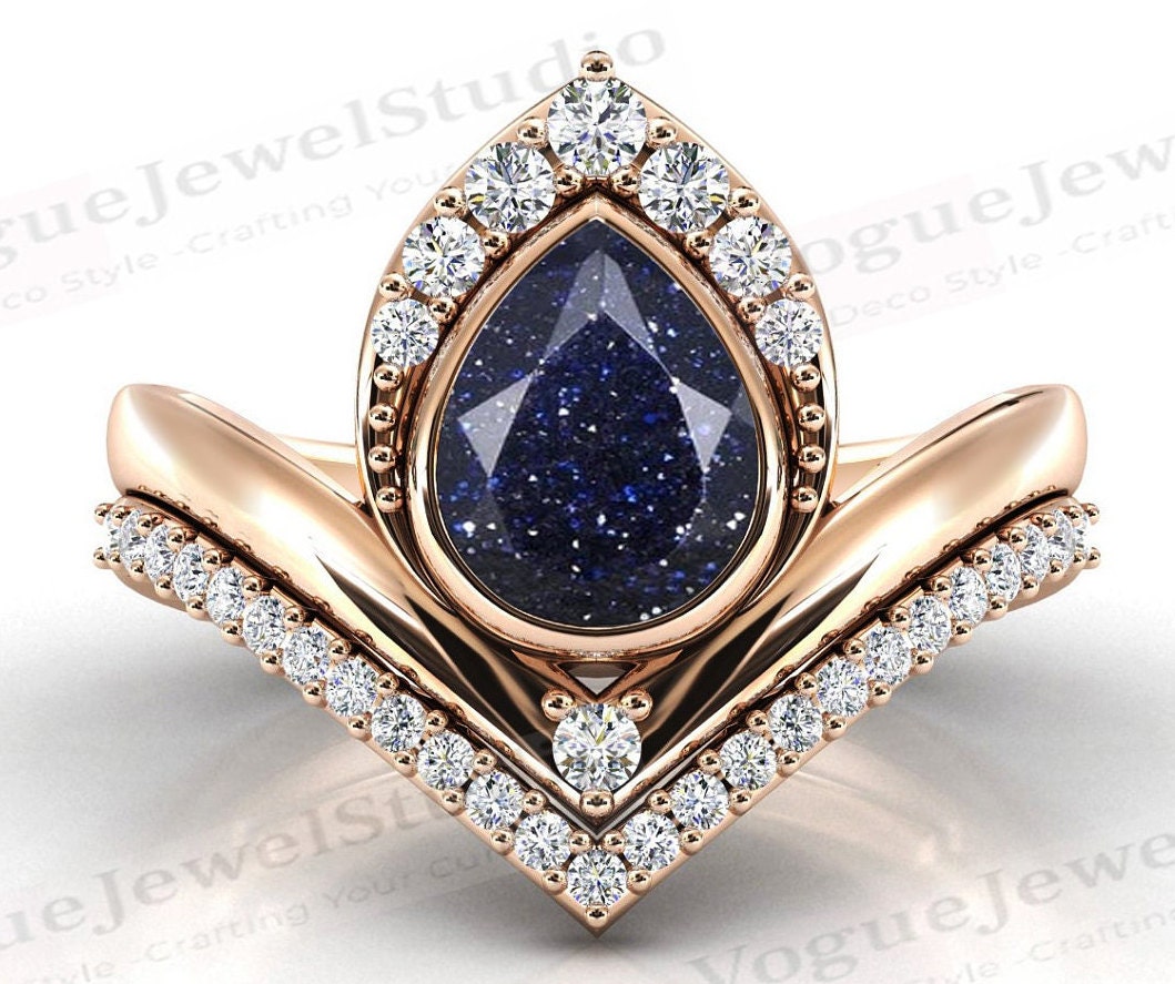 Blauer Sandstein Ring Set Für Frauen Birnenform Blauer Verlobungsring Art Deco Hochzeit Jahrestag Sie von VogueJewelStudio