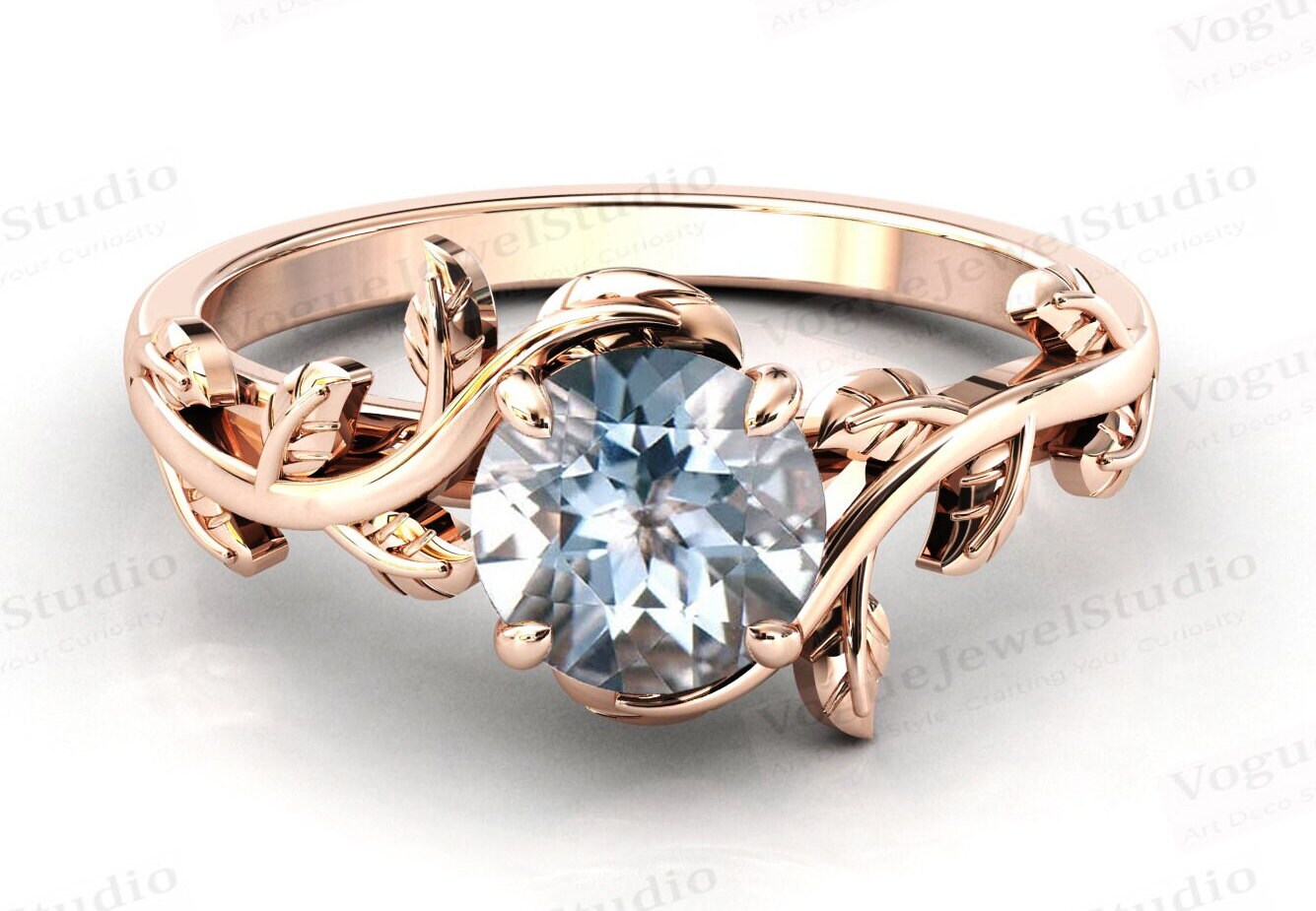 Einzigartiger Blatt Stil Aquamarin Verlobungsring 14K Gold Art Deco Ehering Für Frauen Antik Braut Jahrestag Ring von VogueJewelStudio