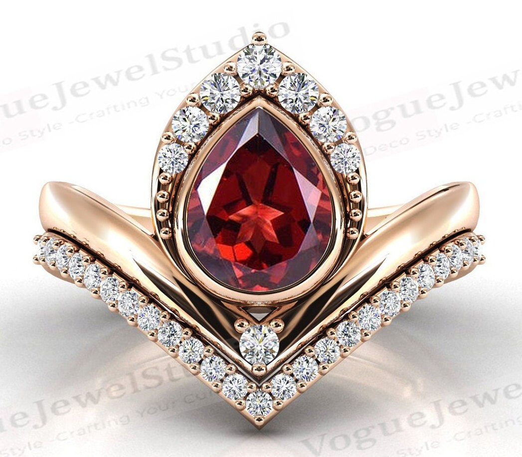 Einzigartiger Granat Verlobungsring Set Roségold Art Deco 2 Stück Ehering Antik Jahrestag Ring von VogueJewelStudio