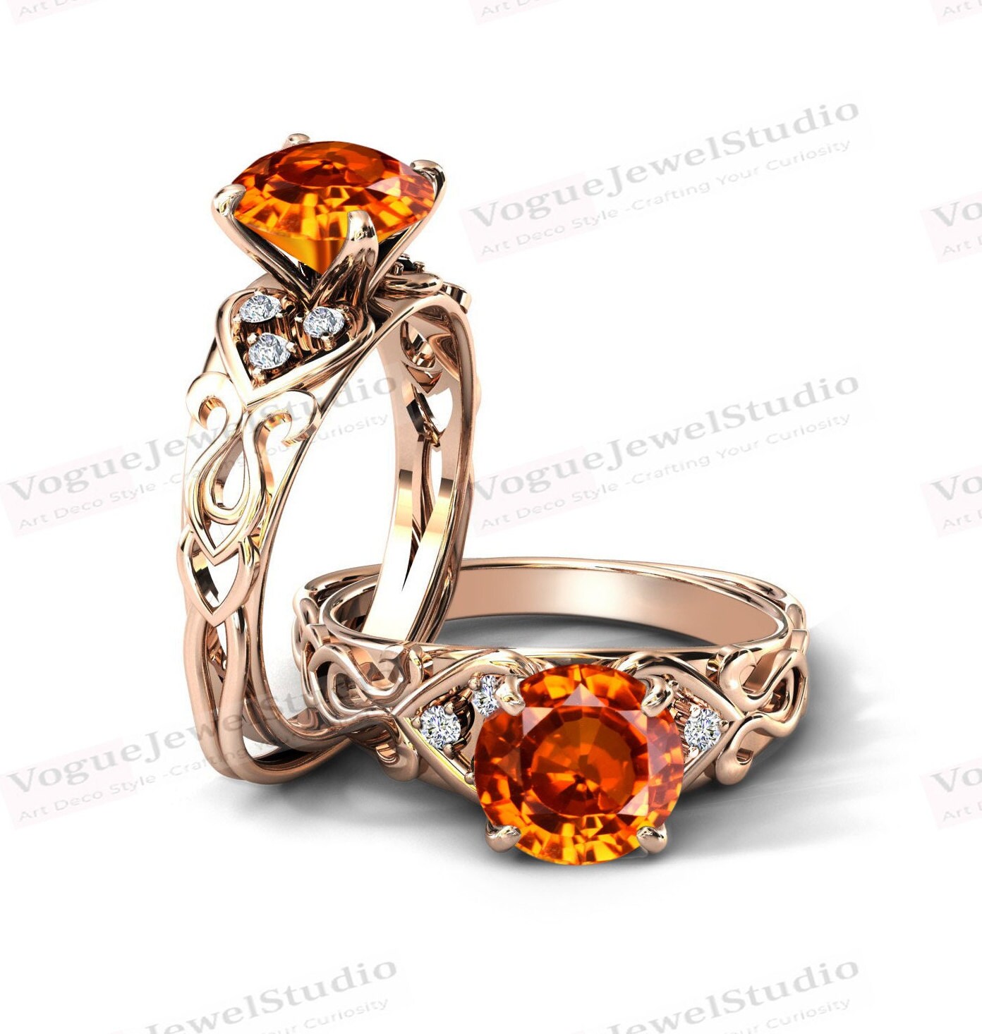 Einzigartiger Orange Saphir Verlobungsring Für Frauen Vintage Antik Ehering 925 Silber Art Deco Jahrestag Ring von VogueJewelStudio