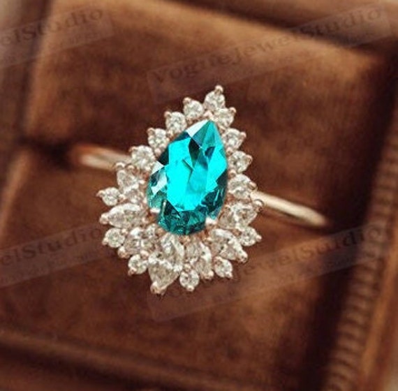 Einzigartiger Paraiba Turmalin Verlobungsring Vintage Halo Ehering 14K Gold Blau Grün Brautring Jahrestag Geschenk von VogueJewelStudio