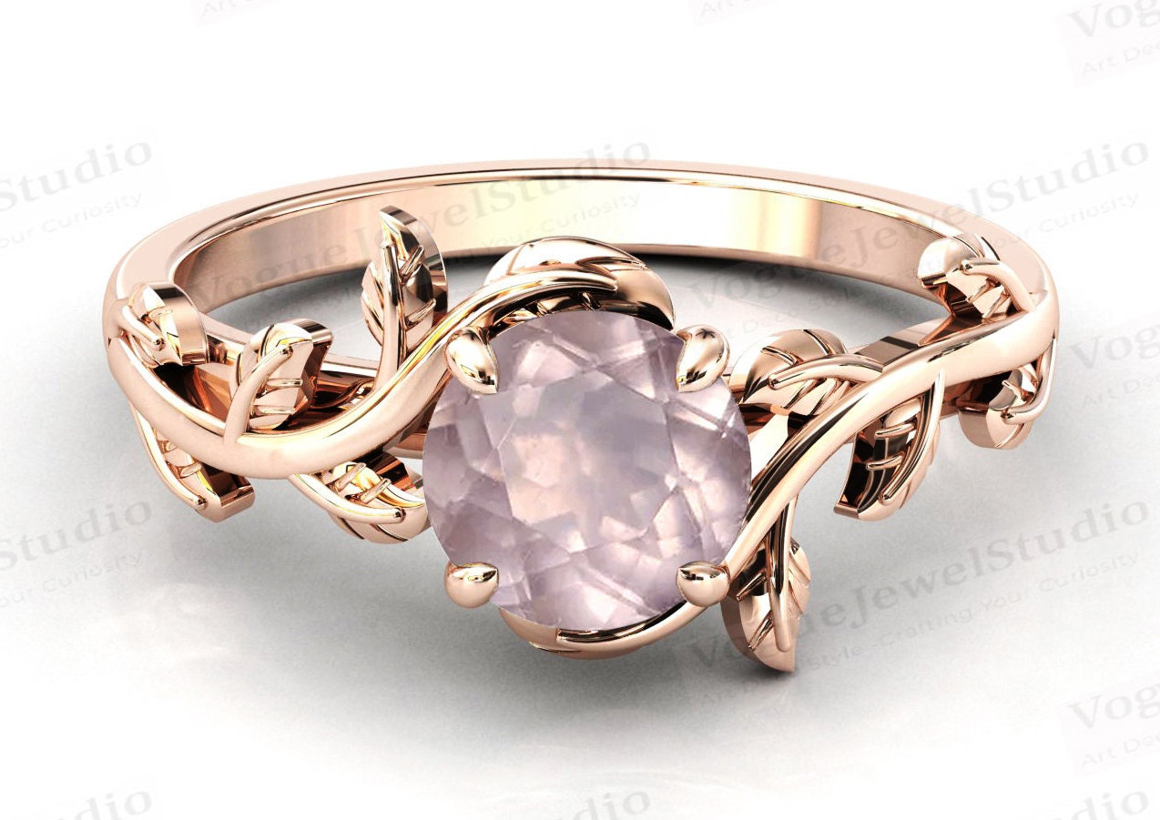 Einzigartiger Rosenquarz Verlobungsring Art Deco Blatt Stil Ehering Für Frauen Jahrestag Geschenk 14K Gold Brautring von VogueJewelStudio