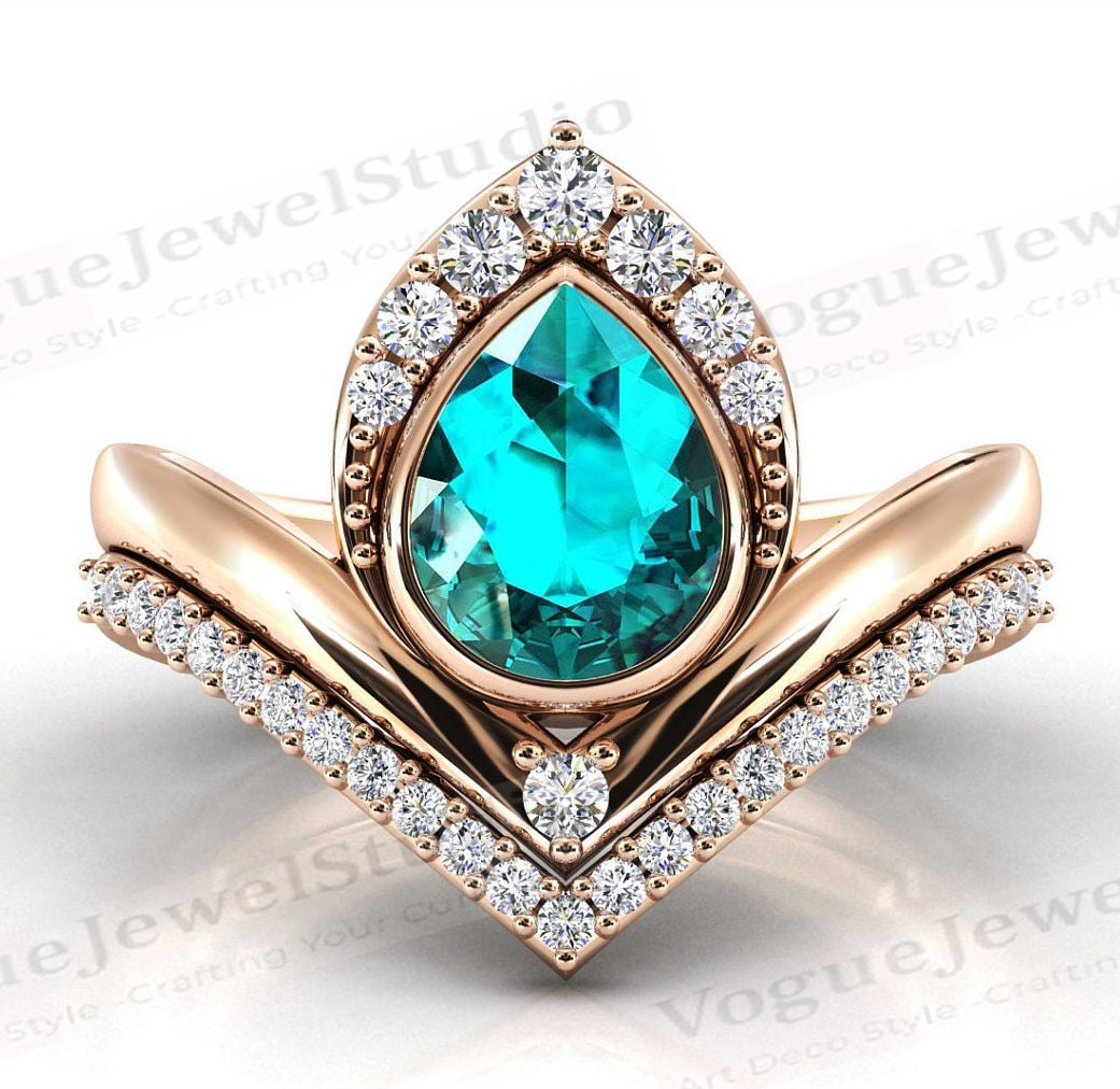 Grüner Paraiba Turmalin Verlobungsring Set Birnenform Antik Ehering Art Deco Braut Jahrestag Ring von VogueJewelStudio