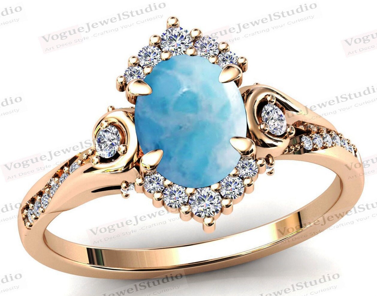 Larimar Edelstein Ring Art Deco Verlobungsring Cabochone Blau Ehering Braut Annviersary Geschenk Für Sie von VogueJewelStudio