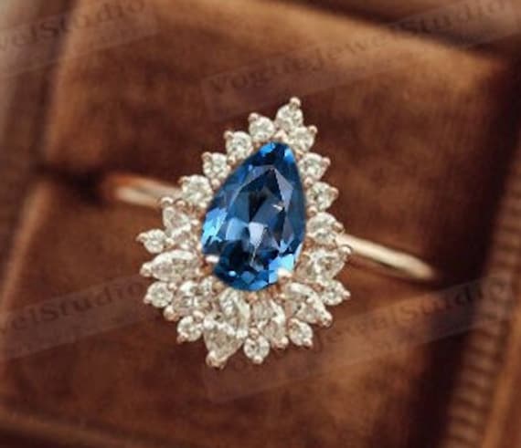 London Blauer Topas Verlobungsring Vintage Art Deco Ehering Für Frauen Jahrestag Geschenk Antiker Halo-Topas Braut Versprechen Ring von VogueJewelStudio