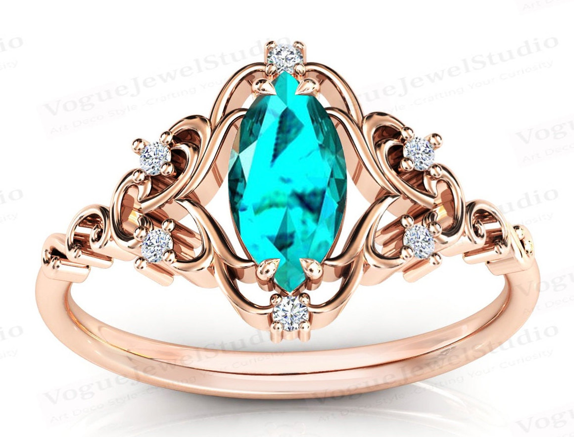 Marquise Cut Paraiba Turmalin Verlobungsring Art Deco Filigran Grüner Ehering Antik Braut Ring von VogueJewelStudio