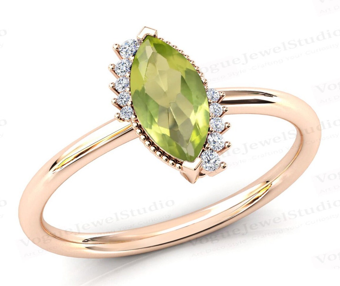 Marquise Cut Peridot Verlobungsring Vintage Ehering Für Frauen 14K Gold Brautring Natur Unikat Versprechen Ring von VogueJewelStudio