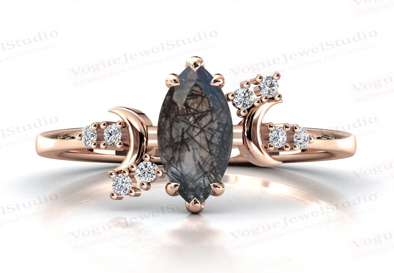 Mond Meines Lebens Schwarz Rutil Verlobungsring Art Deco Rutile Antik Ehering Marquise Cut Black Braut Ring von VogueJewelStudio