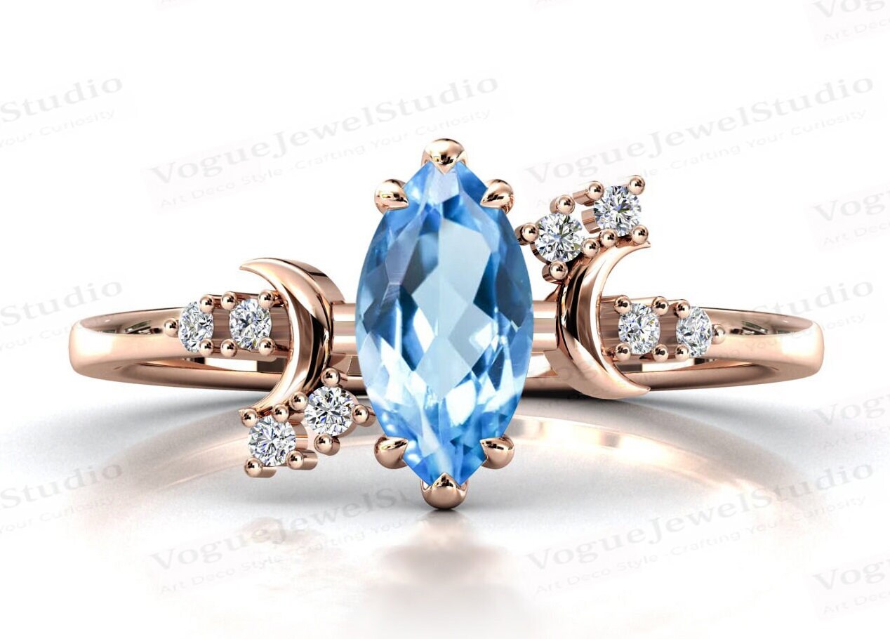 Mond Meines Lebens Sky Blue Topas Verlobungsring Vintage Blautopas Marquise Cut Ehering Für Frauen Art Deco Unikat Brautring von VogueJewelStudio