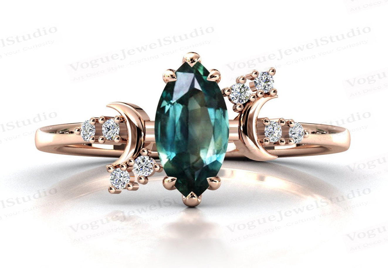 Mond Meines Lebens Teal Saphir Verlobungsring Vintage Ehering Marquise Art Deco Brautring Für Frauen von VogueJewelStudio