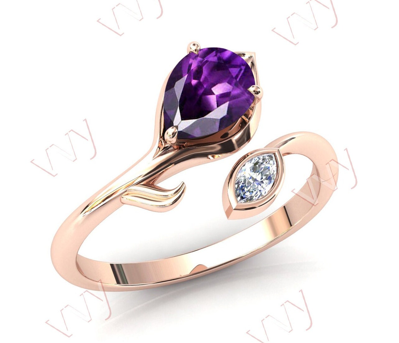 Natürlicher Amethyst Verlobungsring 14K Roségold Zweig Stil Ehering Für Frauen Vintage Art Deco Braut Ring von VogueJewelStudio