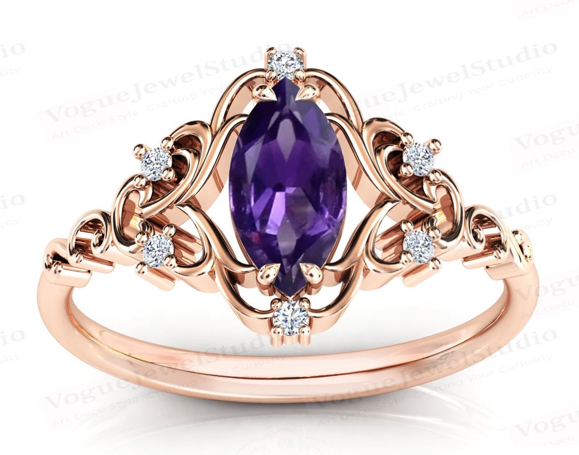 Natürlicher Amethyst Verlobungsring Antik Ehering Für Frauen Filigran Art Deco Braut Versprechen Ring Sie von VogueJewelStudio