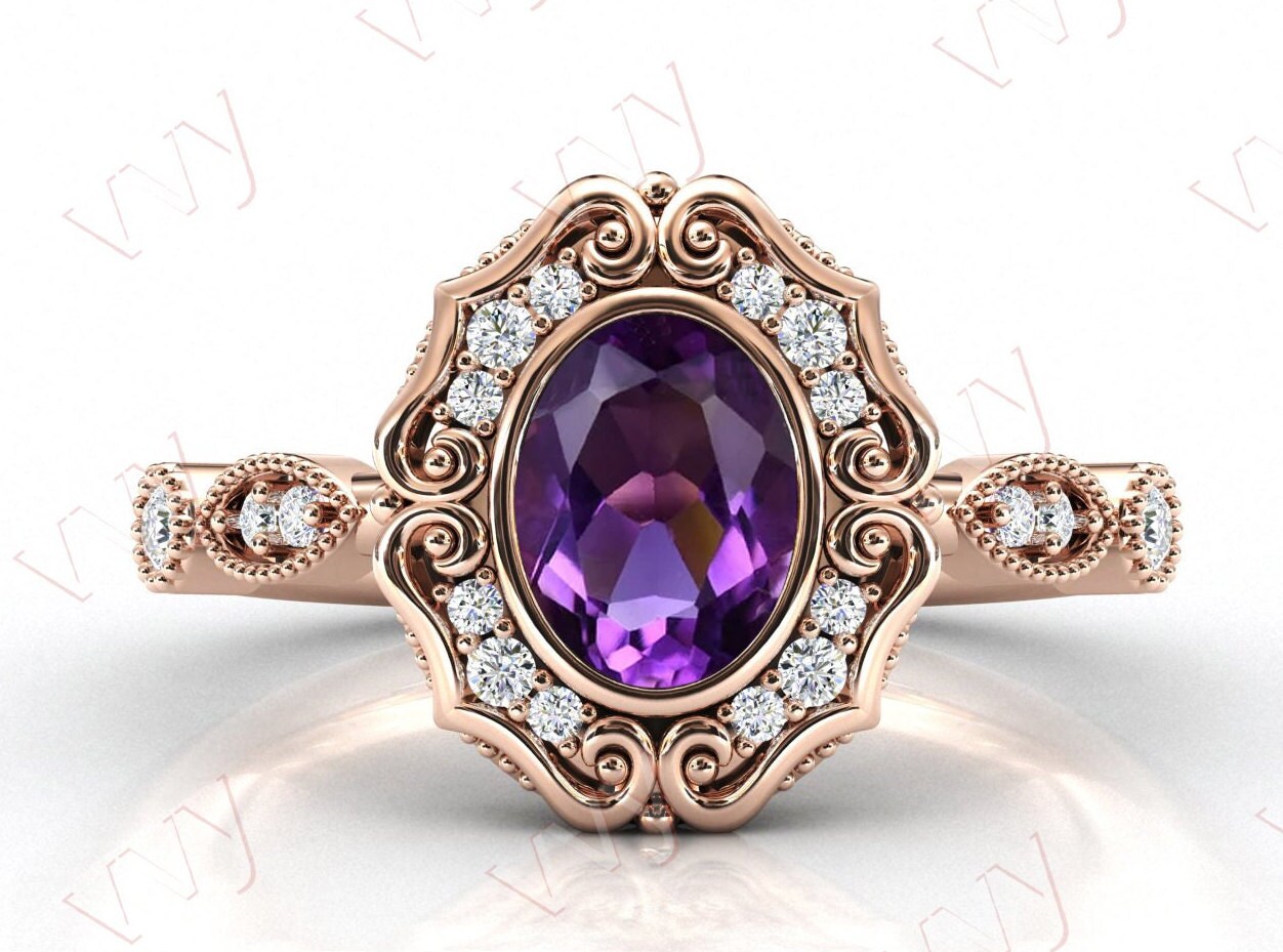 Natürlicher Amethyst Verlobungsring Art Deco Filigraner Ehering Für Frauen Rosegold Brautring Geschenk Sie von VogueJewelStudio