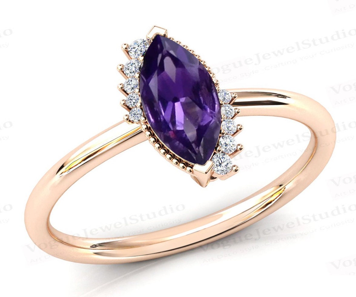 Natürlicher Amethyst Verlobungsring Marquise Cut Ehering Für Frauen Jahrestag Geschenk 14K Gold Vintage Braut Versprechen Ring von VogueJewelStudio