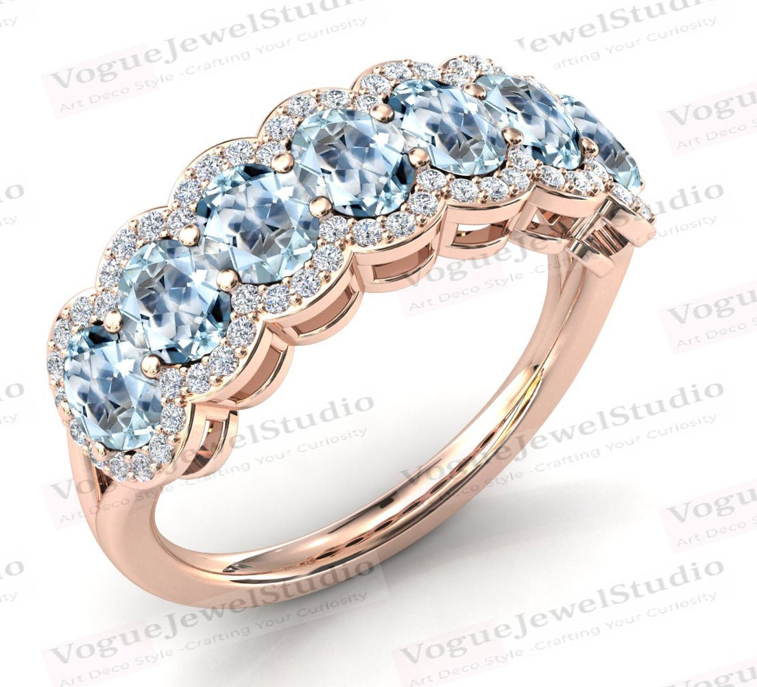 Natürlicher Aquamarin Eternity Band Für Frauen Rosegold Verlobungsring Vintage Halbe Ewigkeit Hochzeitstag von VogueJewelStudio