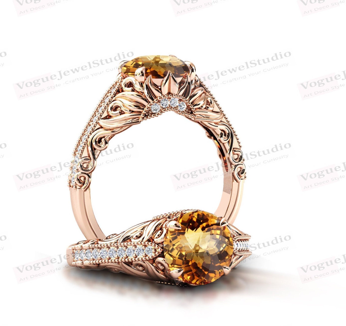 Natürlicher Citrin Verlobungsring Art Deco Floral Blatt Ehering Rosegold Braut Versprechen Ring Antik Jahrestag von VogueJewelStudio