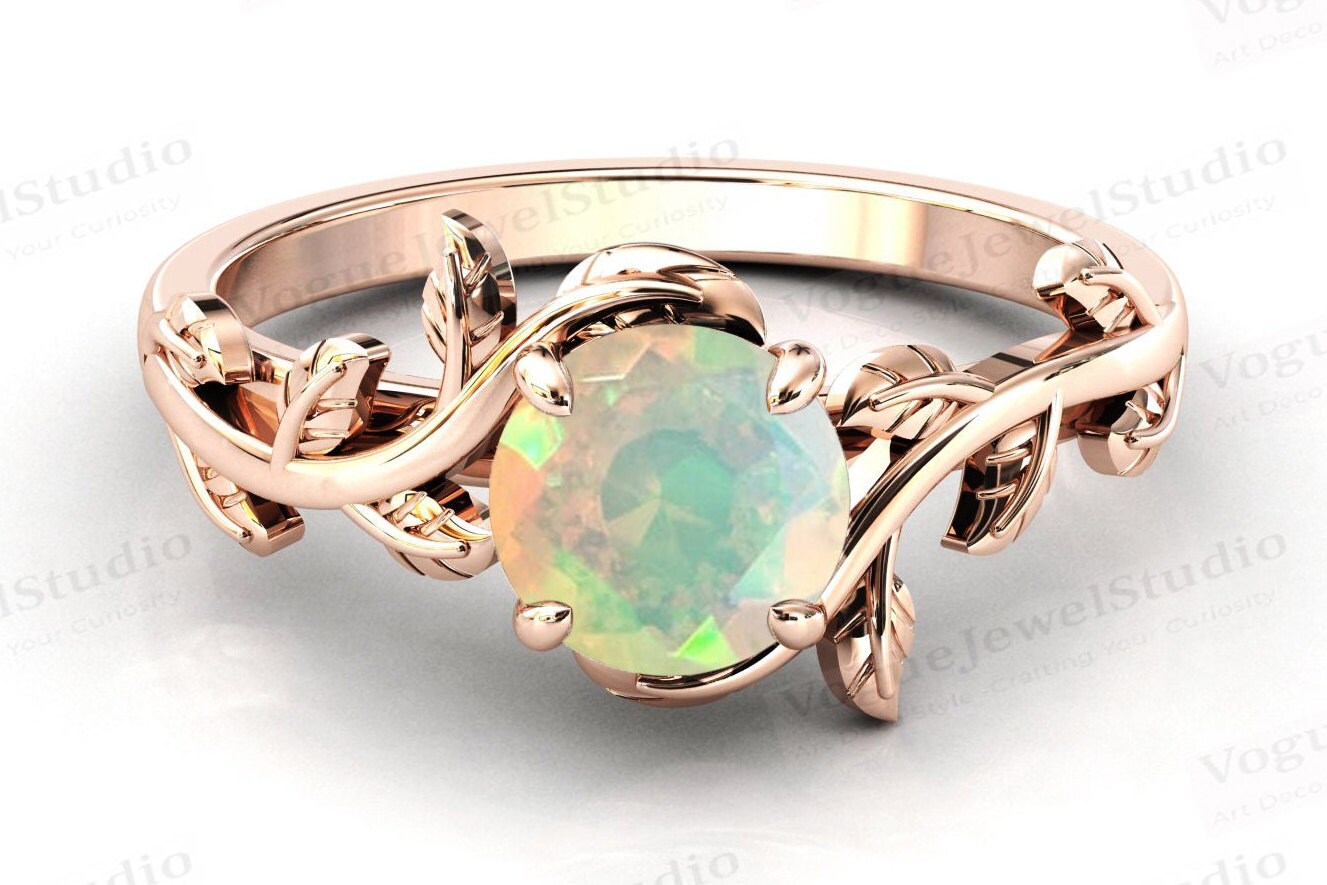 Natürlicher Feuer Opal Verlobungsring 14K Rosegold Ehering Art Deco Blatt Stil Edelstein Ring Antik Vintage Brautring von VogueJewelStudio