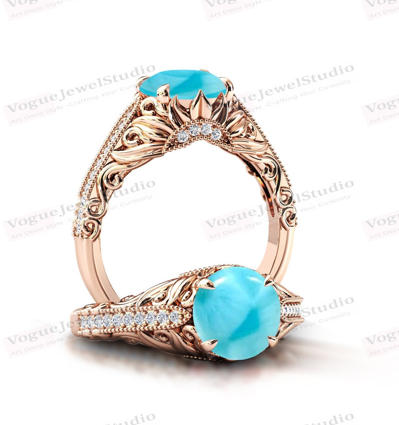 Natürlicher Larimar Verlobungsring Rosegold Art Deco Blatt Ehering 925 Silber Edelstein Ring Frauen Jahrestag Geschenk Für von VogueJewelStudio