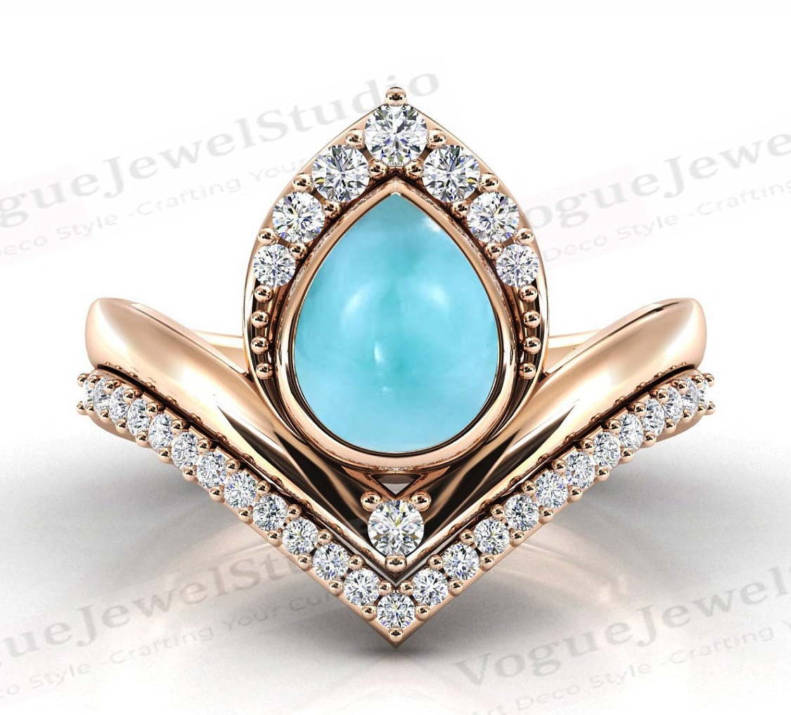 Natürlicher Larimar Verlobungsring Set Für Frauen Art Deco 2 Stück Ehering Pear Cut Braut Jahrestag Versprechen Ring von VogueJewelStudio