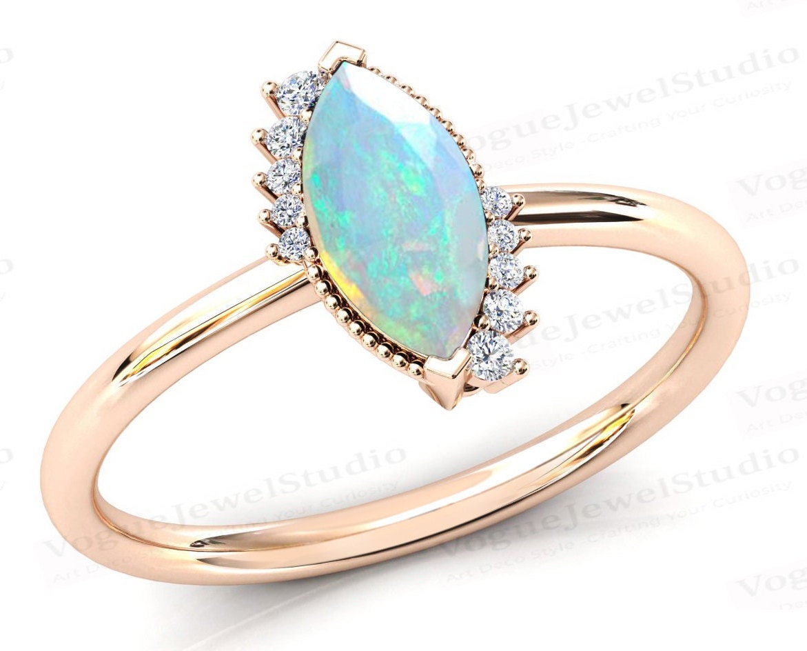 Natürlicher Opal Verlobungsring 14K Roségold Ehering Für Frauen Jahrestag Geschenk Vintage Brautring Unikat Edelstein Ring von VogueJewelStudio