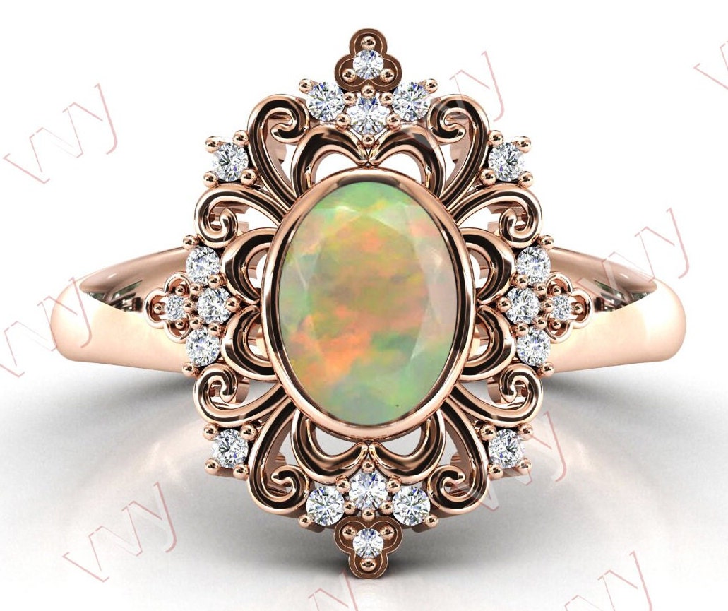 Natürlicher Opal Verlobungsring Vintage Ehering 14K Gold Art Deco 925 Silber Antik Filigran von VogueJewelStudio