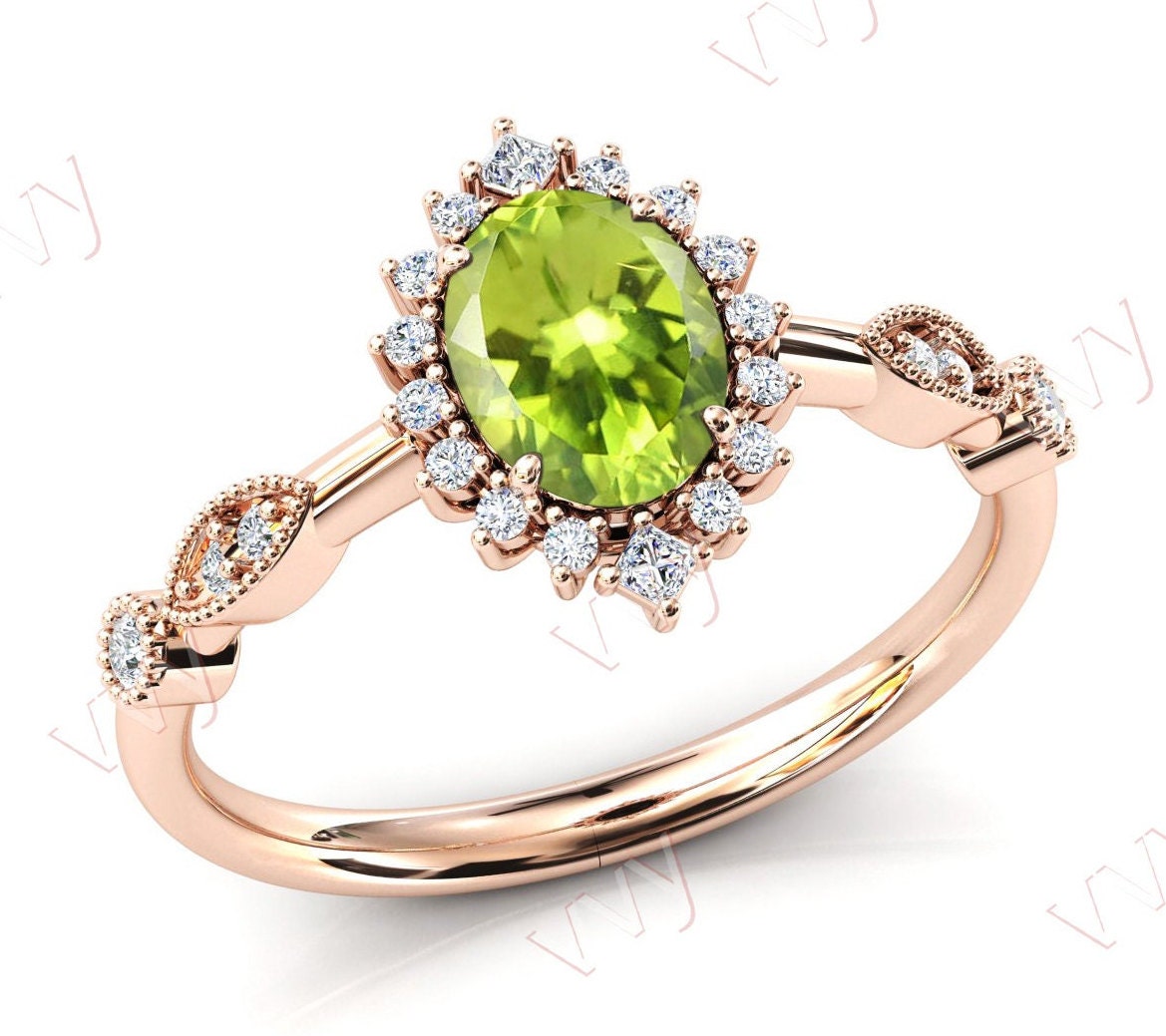 Natürlicher Peridot Verlobungsring 14K Gold Art Deco Brautring Antik Heiligenschein Ehering Für Frauen von VogueJewelStudio