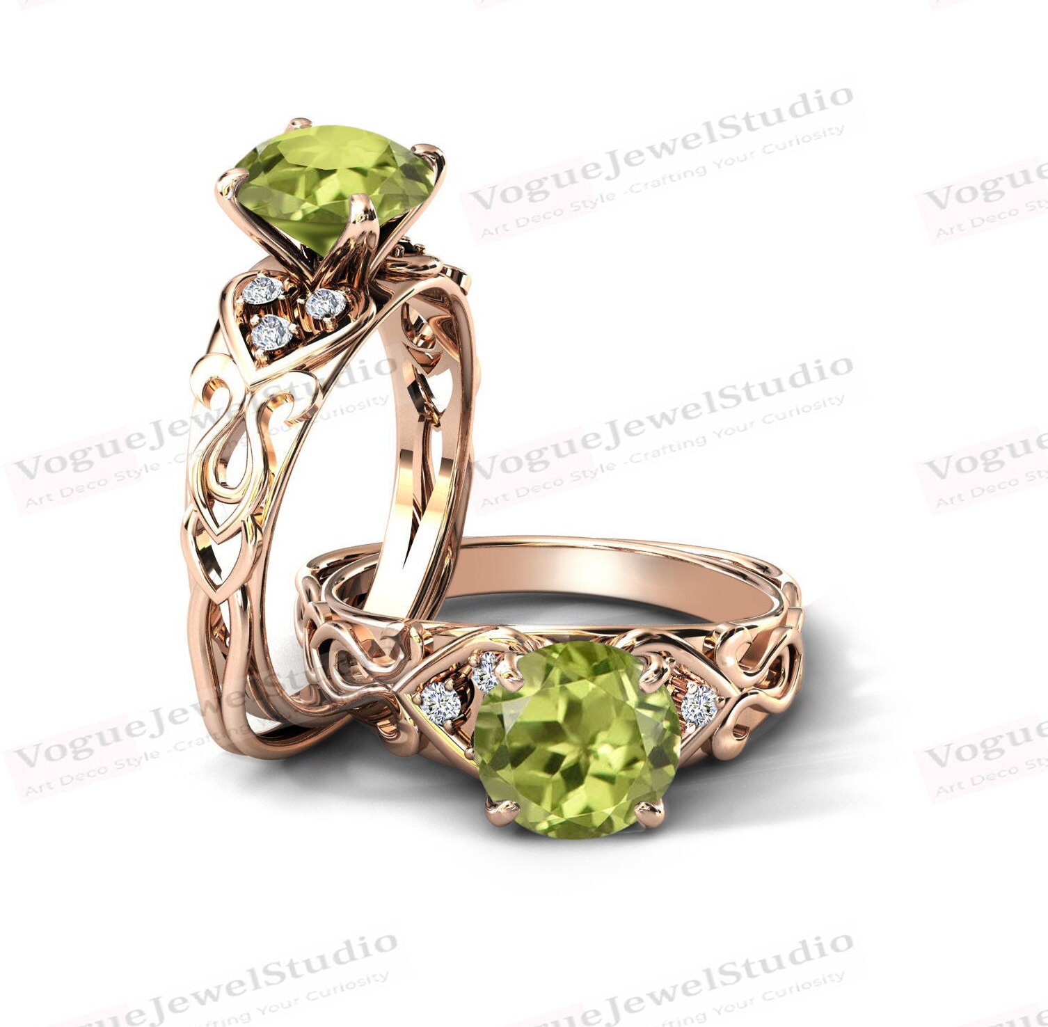 Natürlicher Peridot Verlobungsring Rosegold Antik Ehering Unikat Brautring Vintage Frauen Jahrestag Ring von VogueJewelStudio