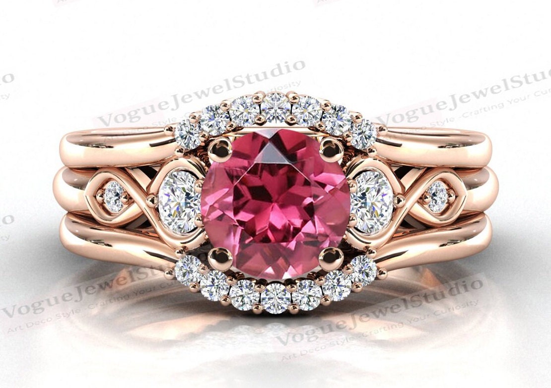 Natürlicher Rosa Turmalin Verlobungsring Set Rose Gold Pink Antik Hochzeit Jahrestag Ring 3 Stück Brautring Für Frauen von VogueJewelStudio