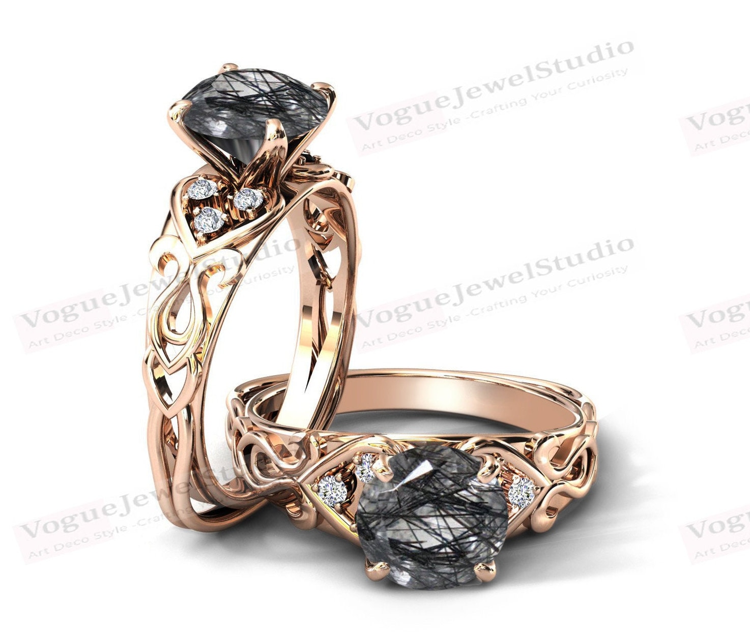 Natürlicher Rutilquarz Verlobungsring Vintage Rutil Ehering 14K Gold Rutile Art Deco Ehering Frauen Jahrestag Ring Geschenk Für Sie von VogueJewelStudio