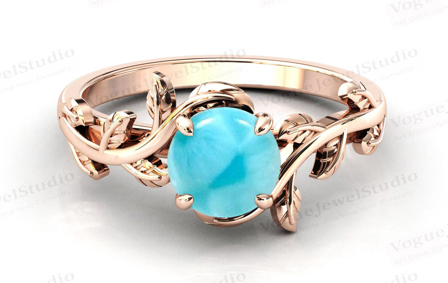 Natur Inspiriert Larimar Verlobungsring Antik Trauring Blatt 14K Gold Brautring Art Deco Ehering von VogueJewelStudio