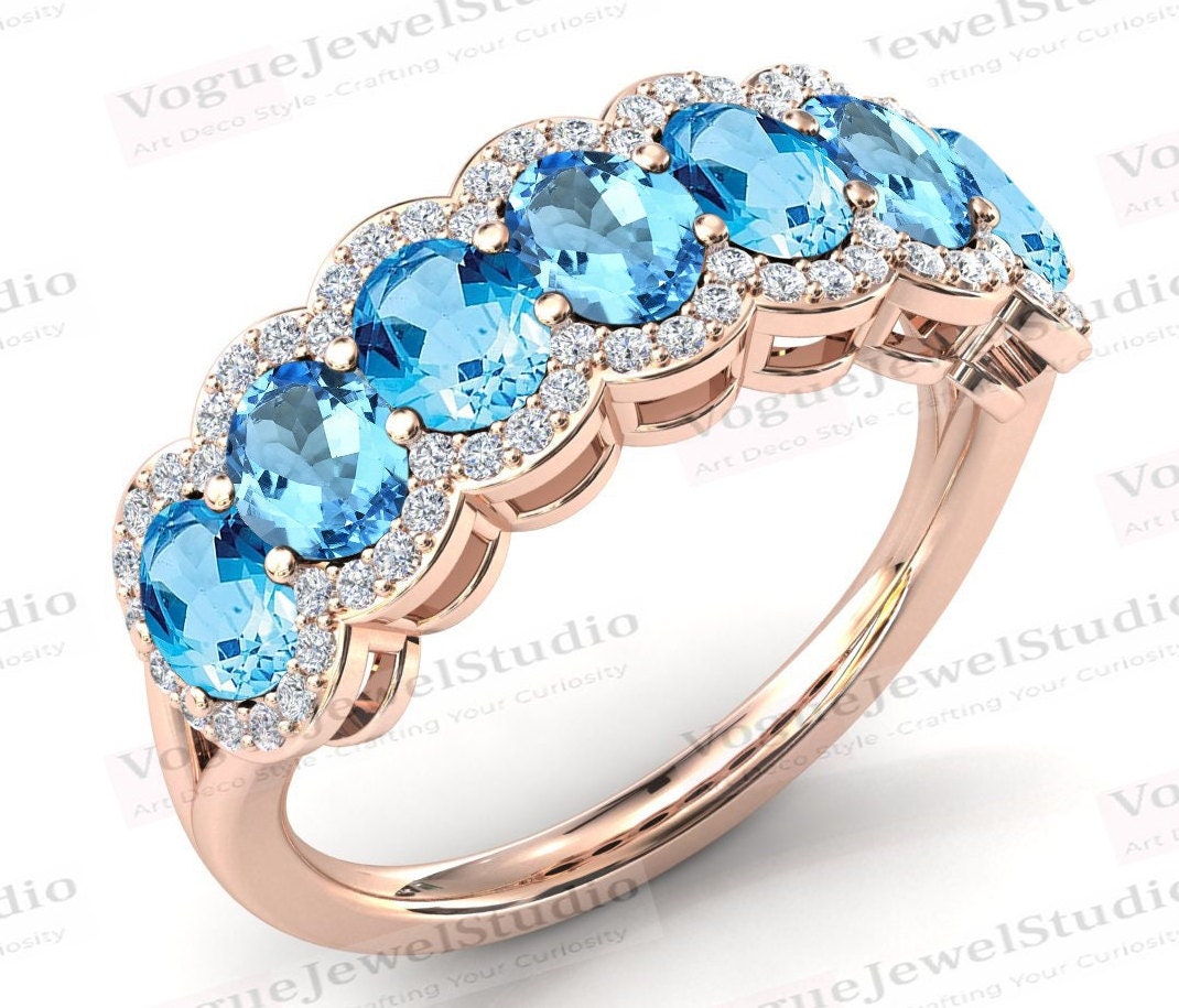 Natural Sky Blue Topas Eternity Hochzeitsband Für Frauen Rose Gold Himmel Blau Verlobungsring Art Deco Himmelblau Halb Band von VogueJewelStudio