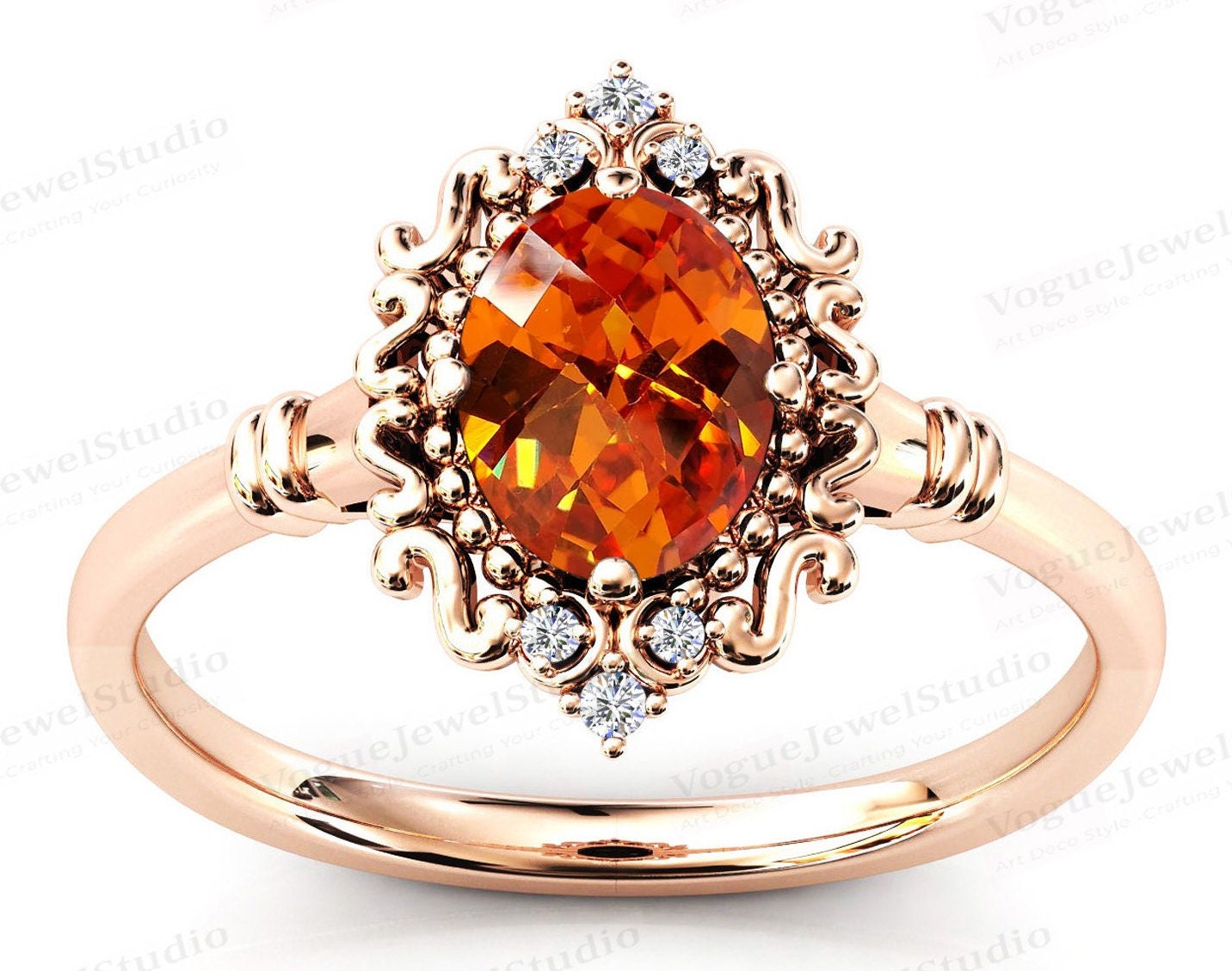 Ovaler Schliff Orange Saphir Verlobungsring Art Deco Ehering Unikat Filigran 14K Gold Brautring von VogueJewelStudio