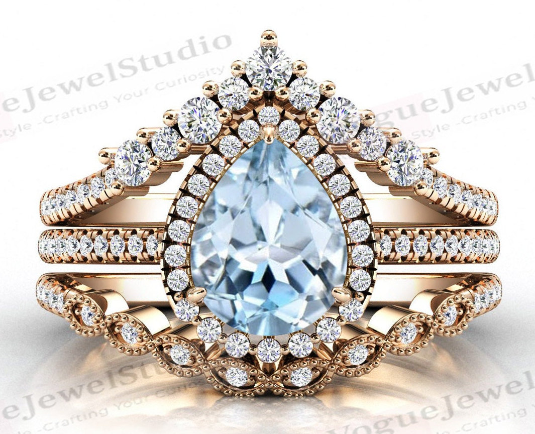 Pear Cut Aquamarin Verlobungsring Set Für Frauen Antik Vintage 3 Stück Ehering Art Deco Brautring von VogueJewelStudio