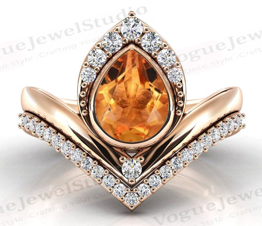 Pear Cut Citrin Verlobungsring Set 14K Gold 2 Stück Ehering Antik Vintage Braut Ring Für Frauen von VogueJewelStudio