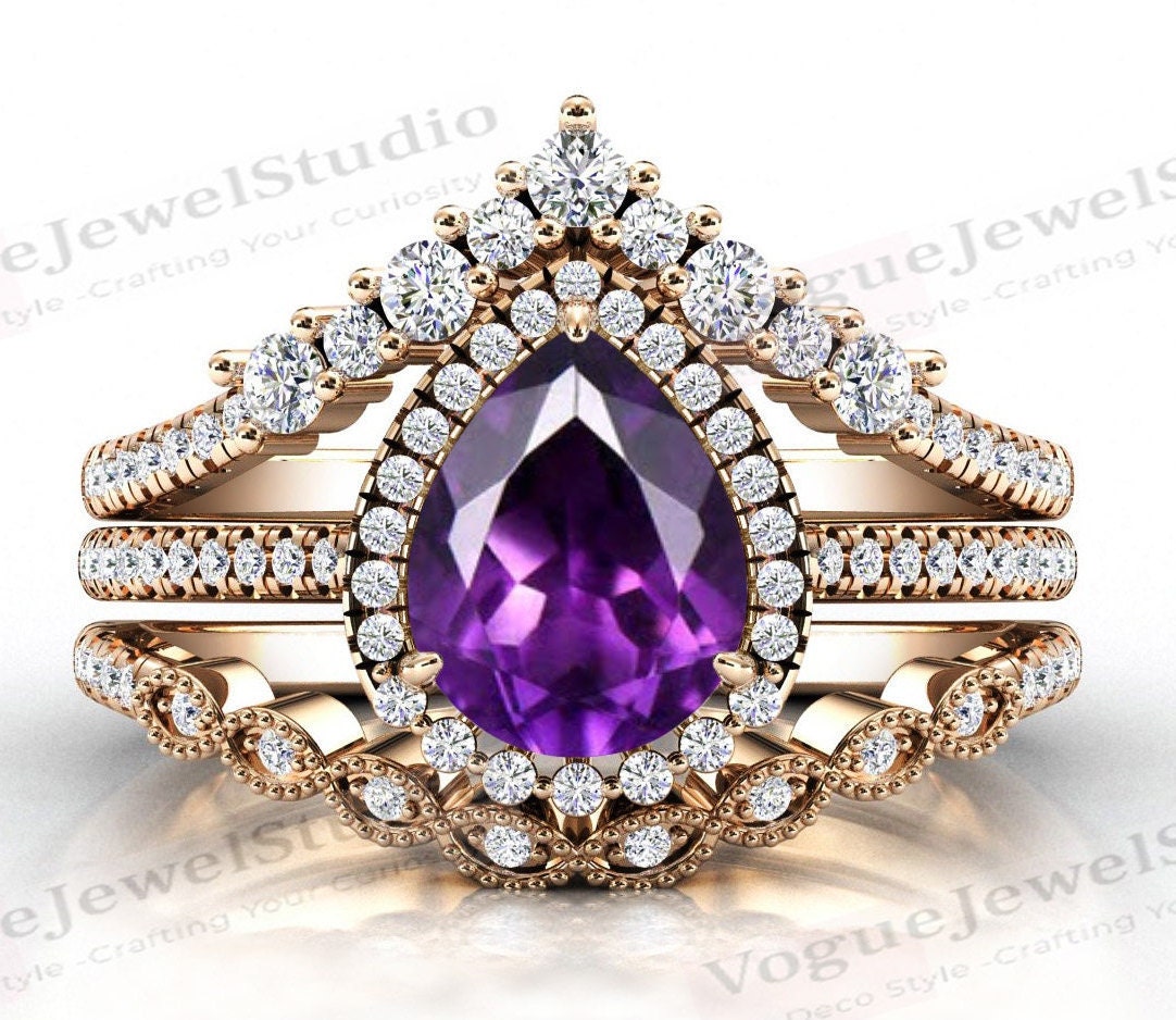 Pear Shaped Amethyst Verlobungsring Set Für Frauen Art Deco 3 Stück Ehering Antik Jahrestag Ring Geschenk Sie von VogueJewelStudio