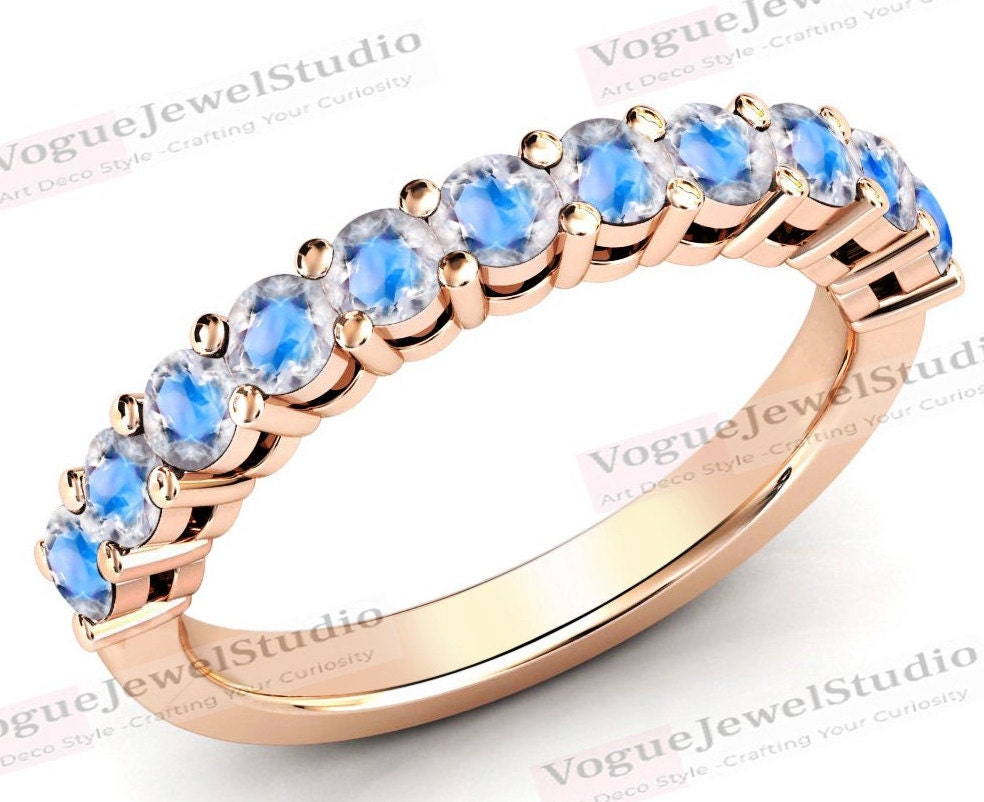 Regenbogen Mondstein Halb Ewigkeit Hochzeitsband 14K Gold Verlobungsband Art Deco Für Frauen Jahrestag Geschenk von VogueJewelStudio