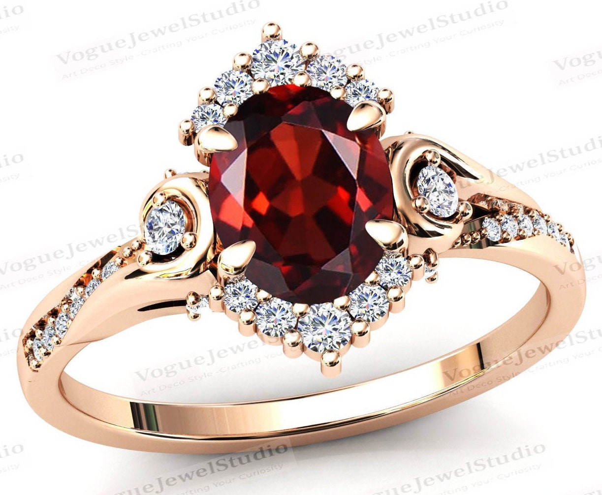 Roter Granat Verlobungsring Für Frauen Art Deco Ehering 14K Roségold Antik Vintage Braut Jahrestag Ring von VogueJewelStudio