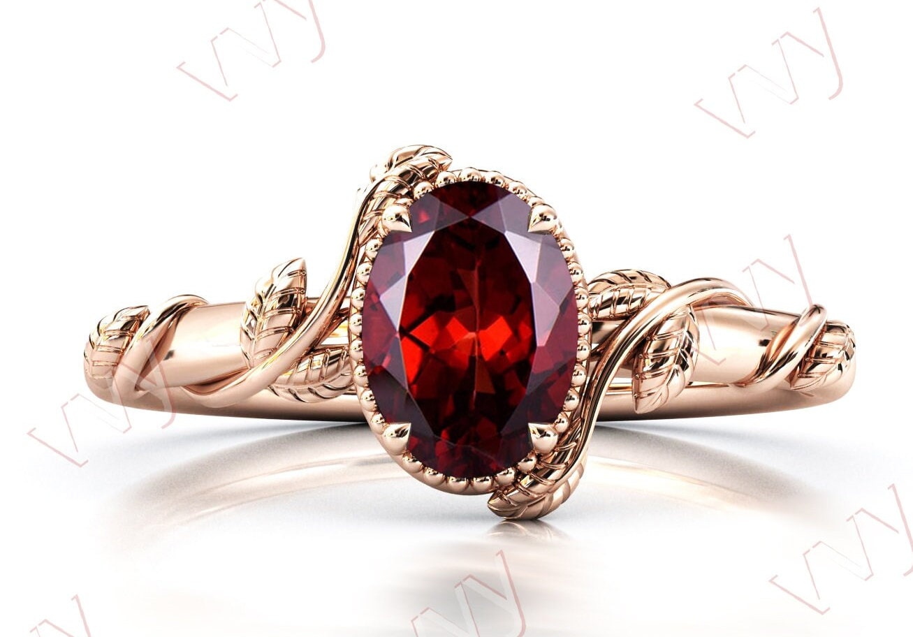 Roter Granat Verlobungsring Für Frauen Rosegold Ehering Art Deco Blatt Antik Braut Jahrestag Ring von VogueJewelStudio