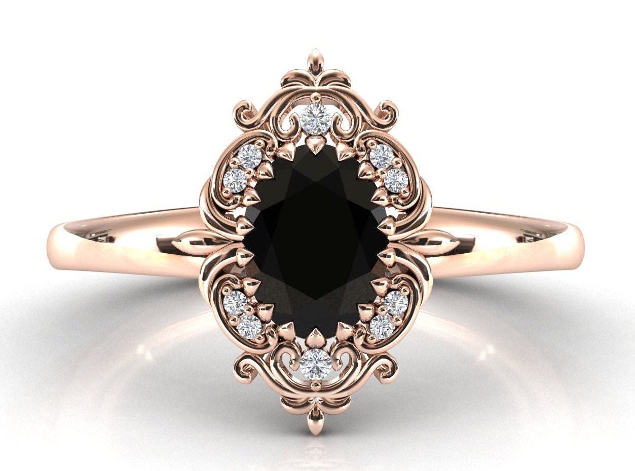 Schwarzer Onyx Verlobungsring Für Frauen Rosegold Schwarz Antik Ehering Filigran Stil Ring Art Deco Hochzeit Jahrestag von VogueJewelStudio