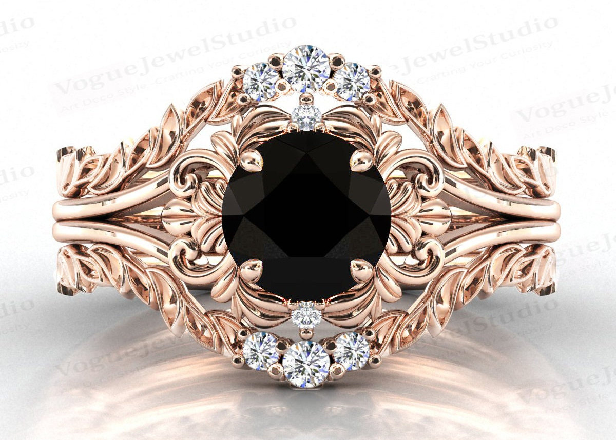 Schwarzer Onyx Verlobungsring Set Art Deco Floral Ehering Für Frauen Antik Blatt Stil Brautring von VogueJewelStudio